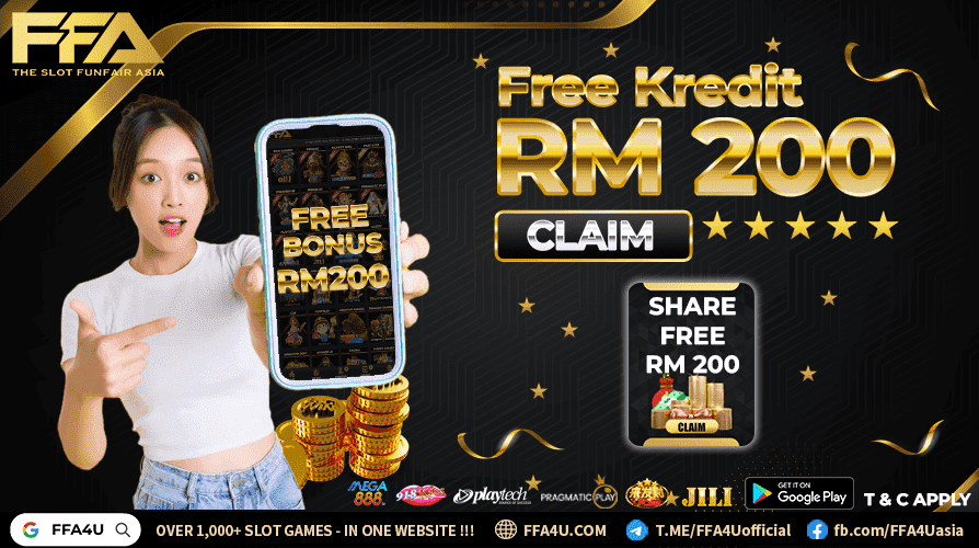 FFA4U Free Kredit RM200 Promotion Banner – Claim Free Bonus RM200 tanpa deposit, trusted Malaysia online slot platform with Mega888, JILI, and Pragmatic Play games.