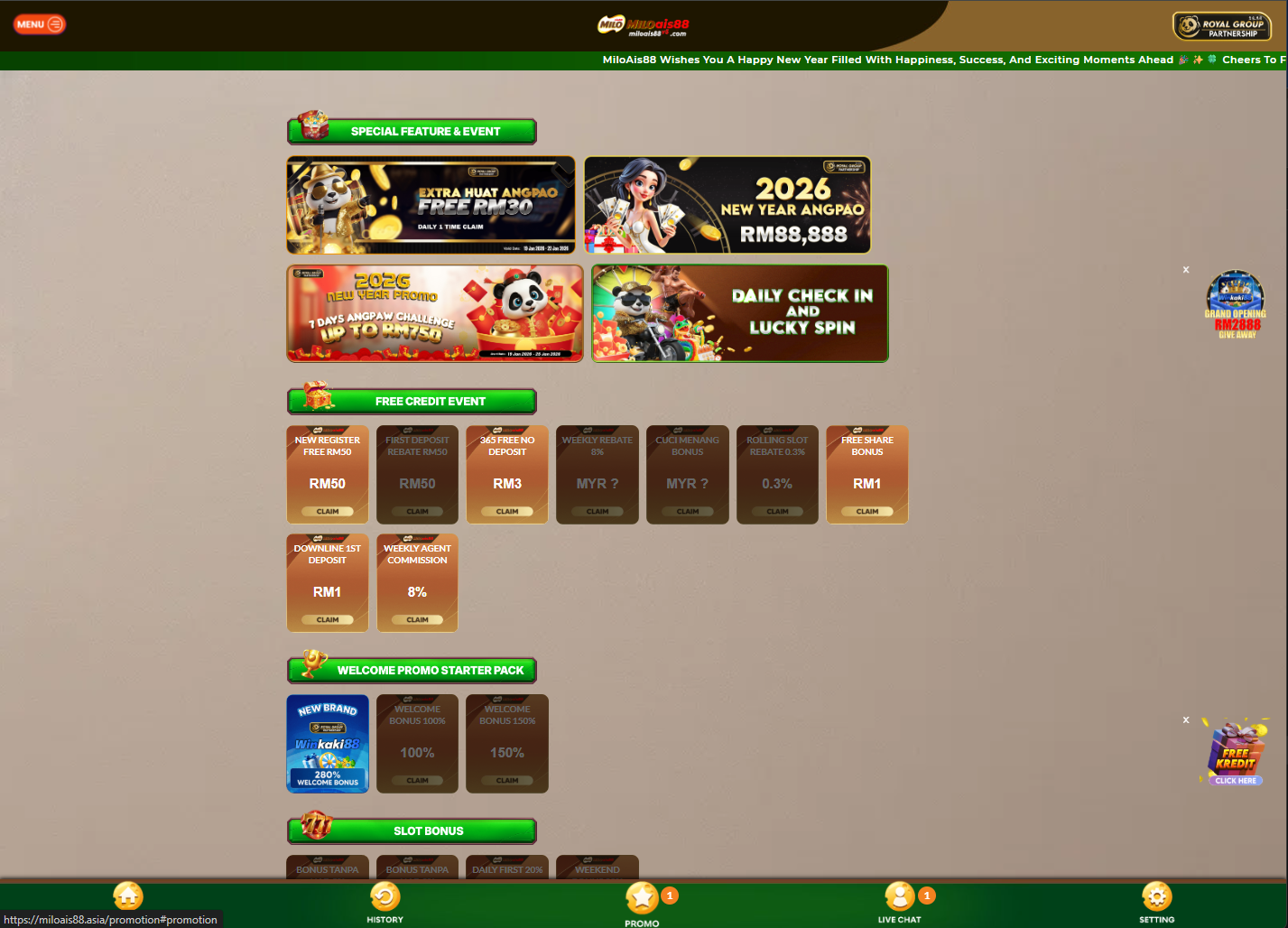 MiloAIS88 promotion page screenshot Malaysia 2026 - register bonus, daily check-in, reload, VIP promotions