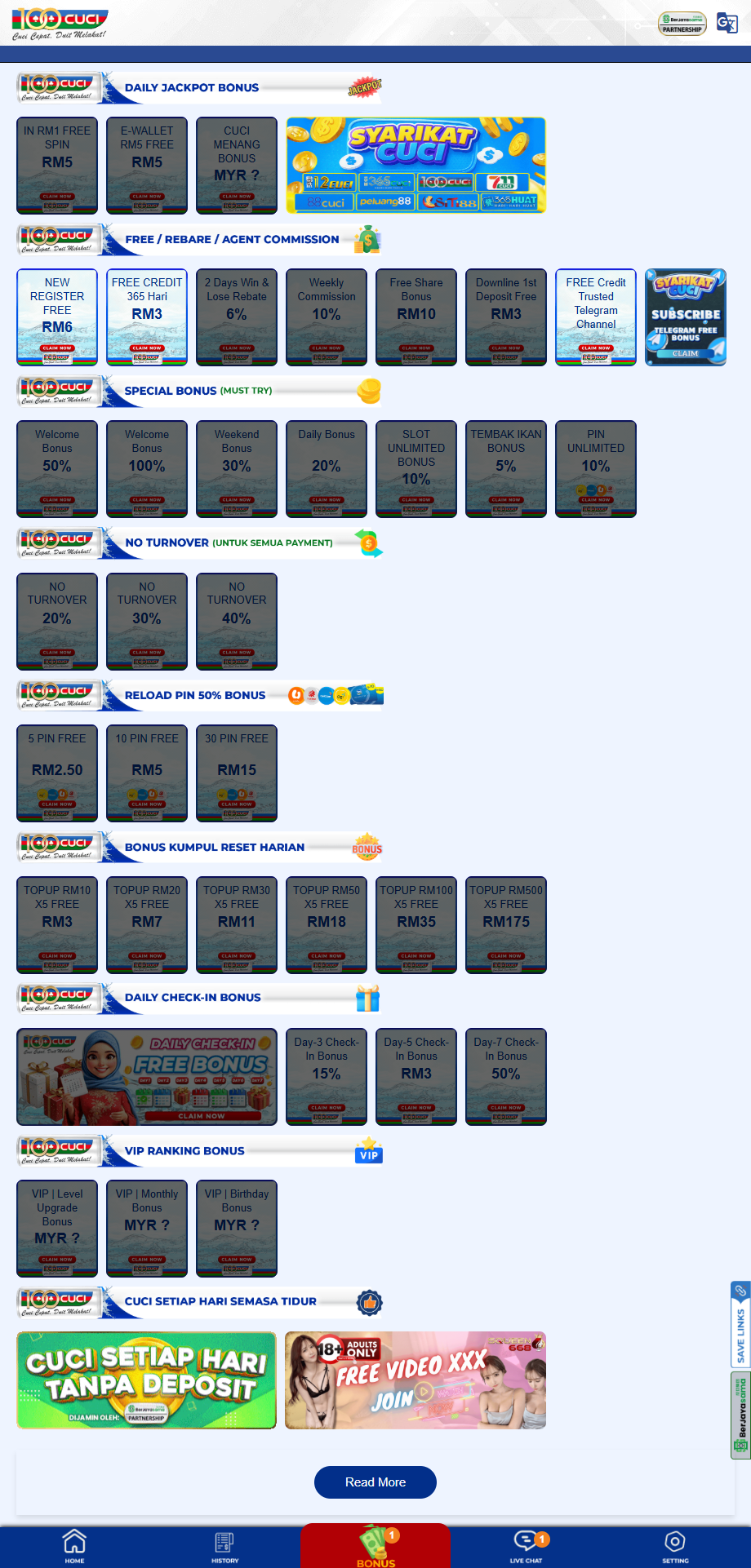 100CUCI promotion page screenshot - free credit RM3 365 days, new register RM6, daily bonus 20%, no turnover 20 30 40, check-in