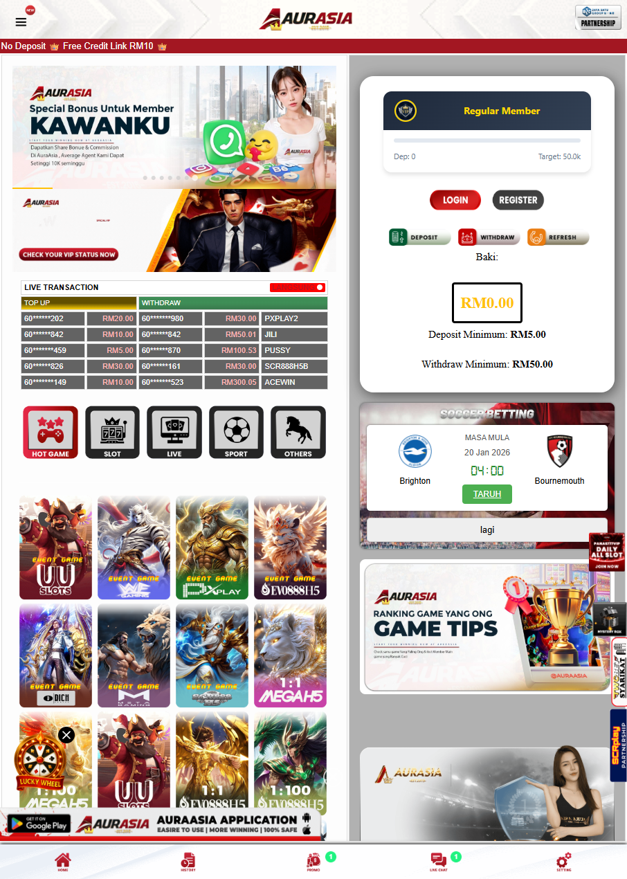 AuraAsia homepage screenshot - lobby, slot providers and promotion entry