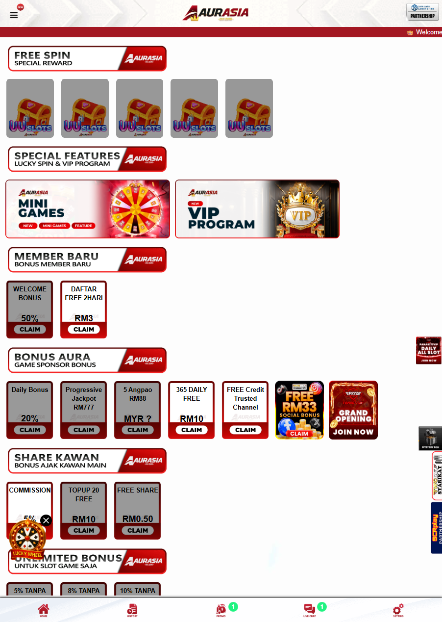 AuraAsia promotion page screenshot - promo categories, free credit, daily bonus, check in, reload, rebate