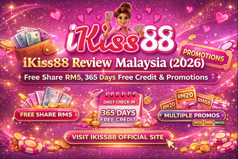 iKiss88 Malaysia homepage showing Free Share RM5 check-in and 365 days free credit