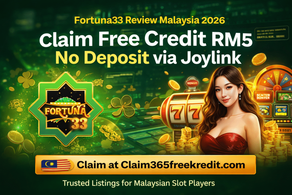 Fortuna33 review Malaysia 2026 banner – claim free credit RM5 no deposit via Joylink on Claim365freekredit.com