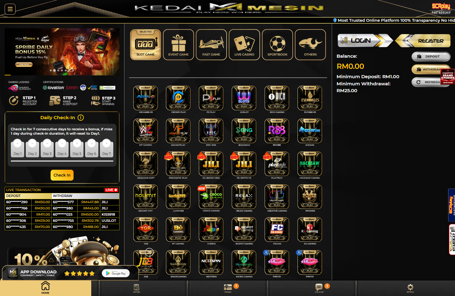 Kedai Mesin homepage screenshot Malaysia 2026 - lobby interface and promotion entry