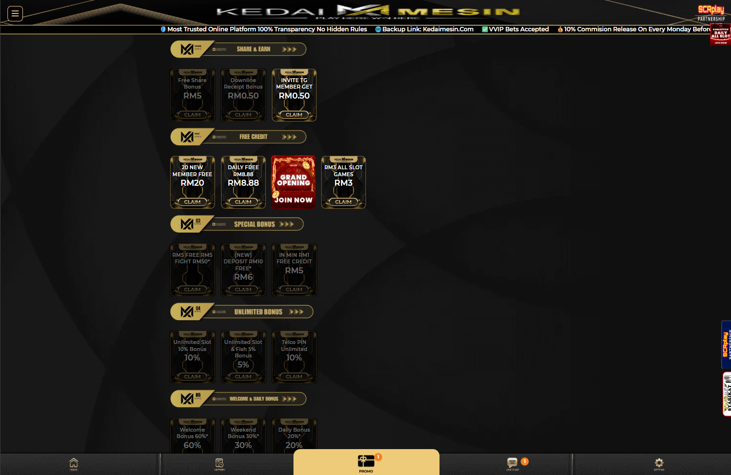 Kedai Mesin promotion page screenshot Malaysia 2026 - free credit, daily bonus and reload promotions