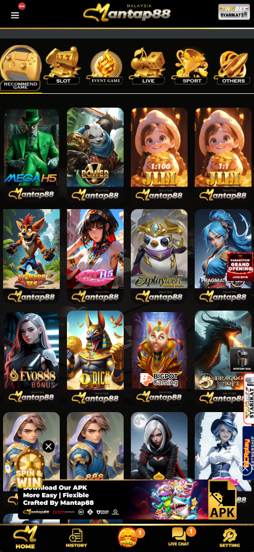 Mantap88 homepage screenshot Malaysia 2026 - lobby, daily entry, promotions button