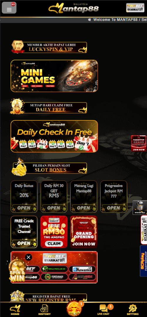 Mantap88 promotions screenshot Malaysia 2026 - daily check in, mini games, register free credit, reload and VIP promos