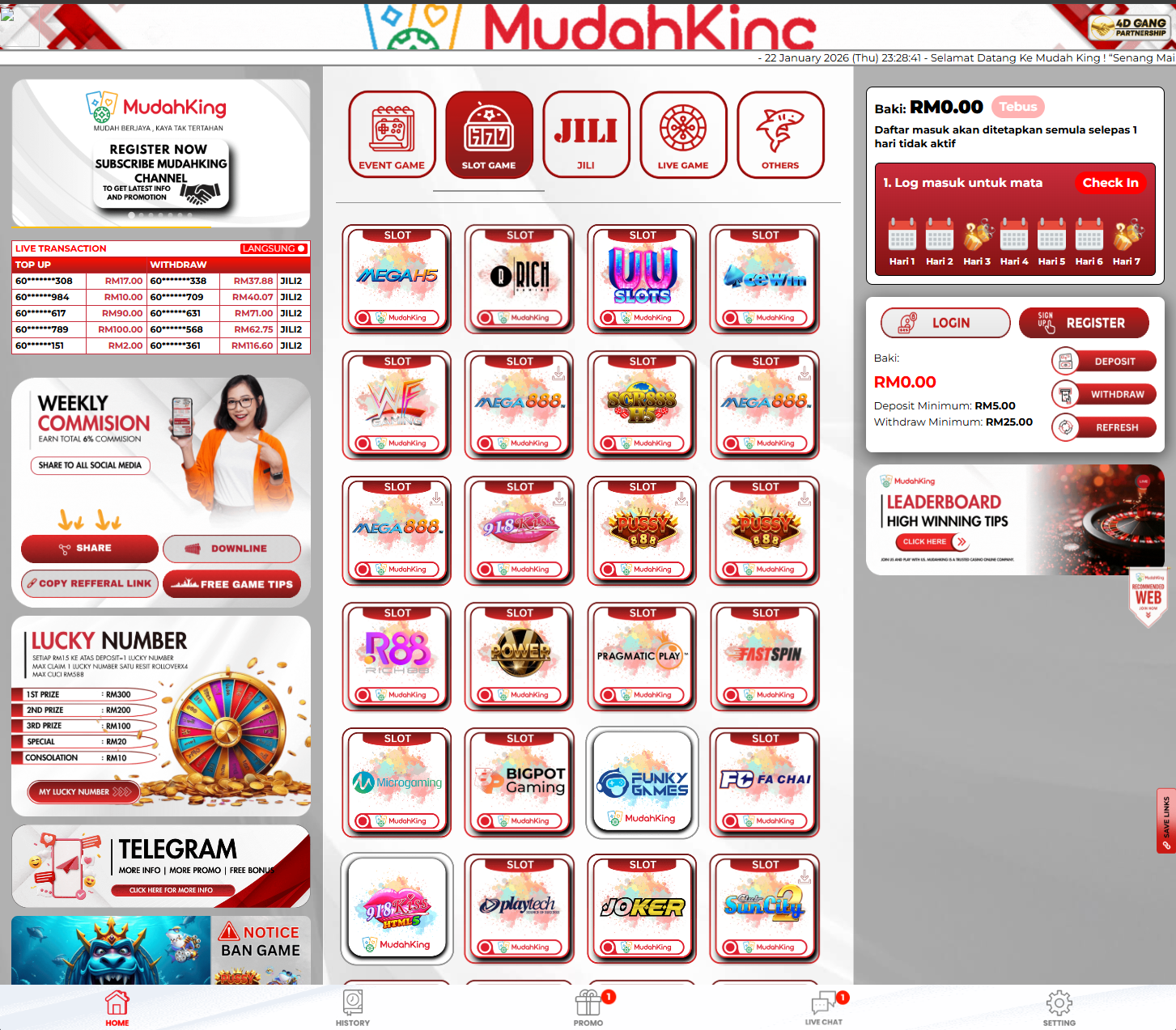 MUDAHKING homepage screenshot Malaysia 2026 - lobby, register/login, promo entry