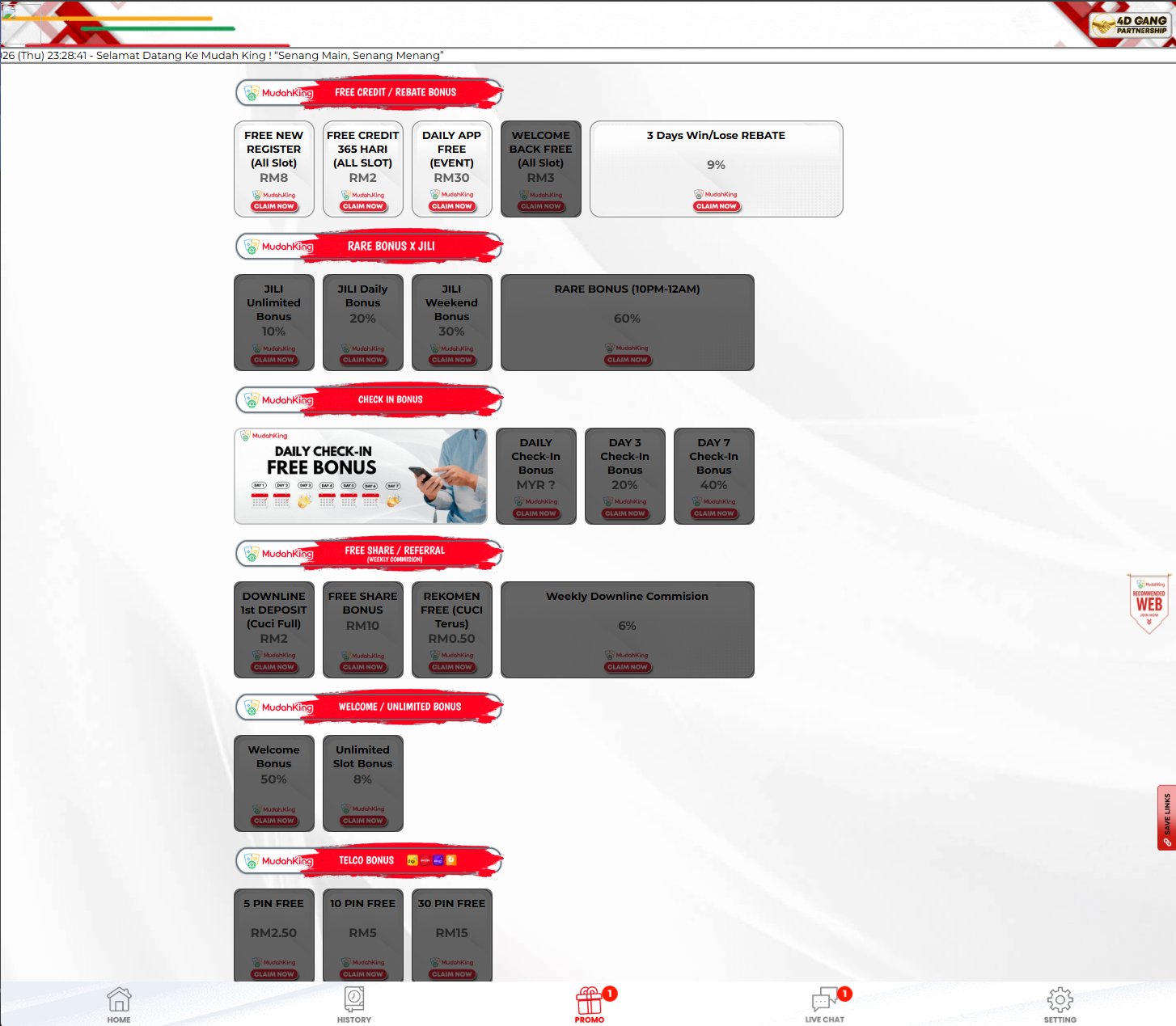 MUDAHKING promotion page screenshot Malaysia 2026 - free credit, check-in, no turnover, JILI, VIP