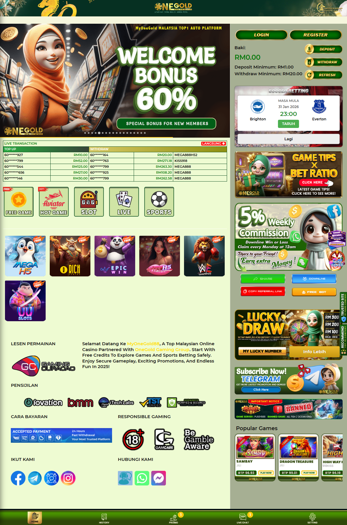 MyOneGold88 homepage screenshot Malaysia 2026 showing main lobby, promotions and registration entry