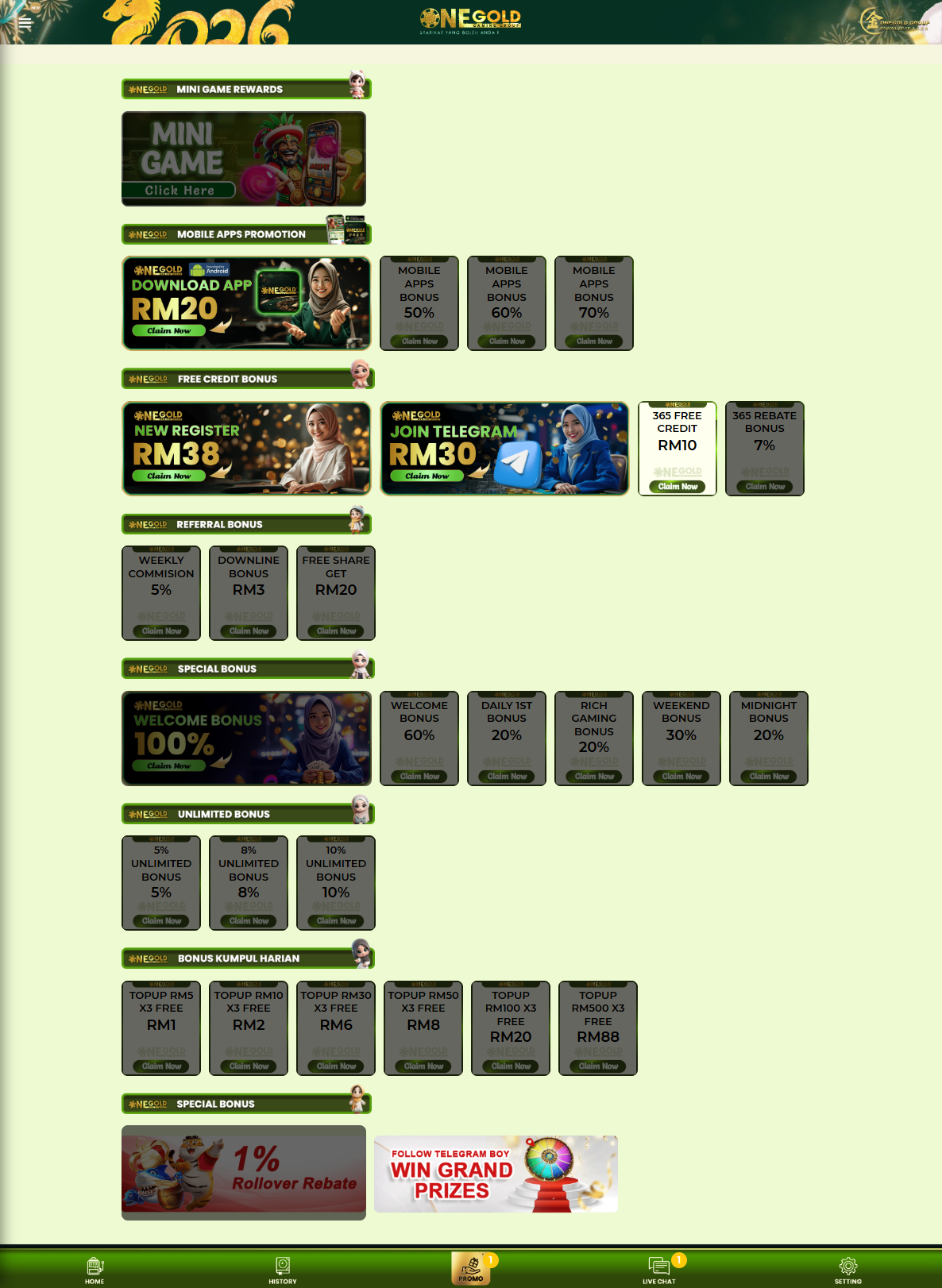 MyOneGold88 promotions page screenshot Malaysia 2026 showing register RM38, welcome bonus 60 percent, daily and telegram bonus