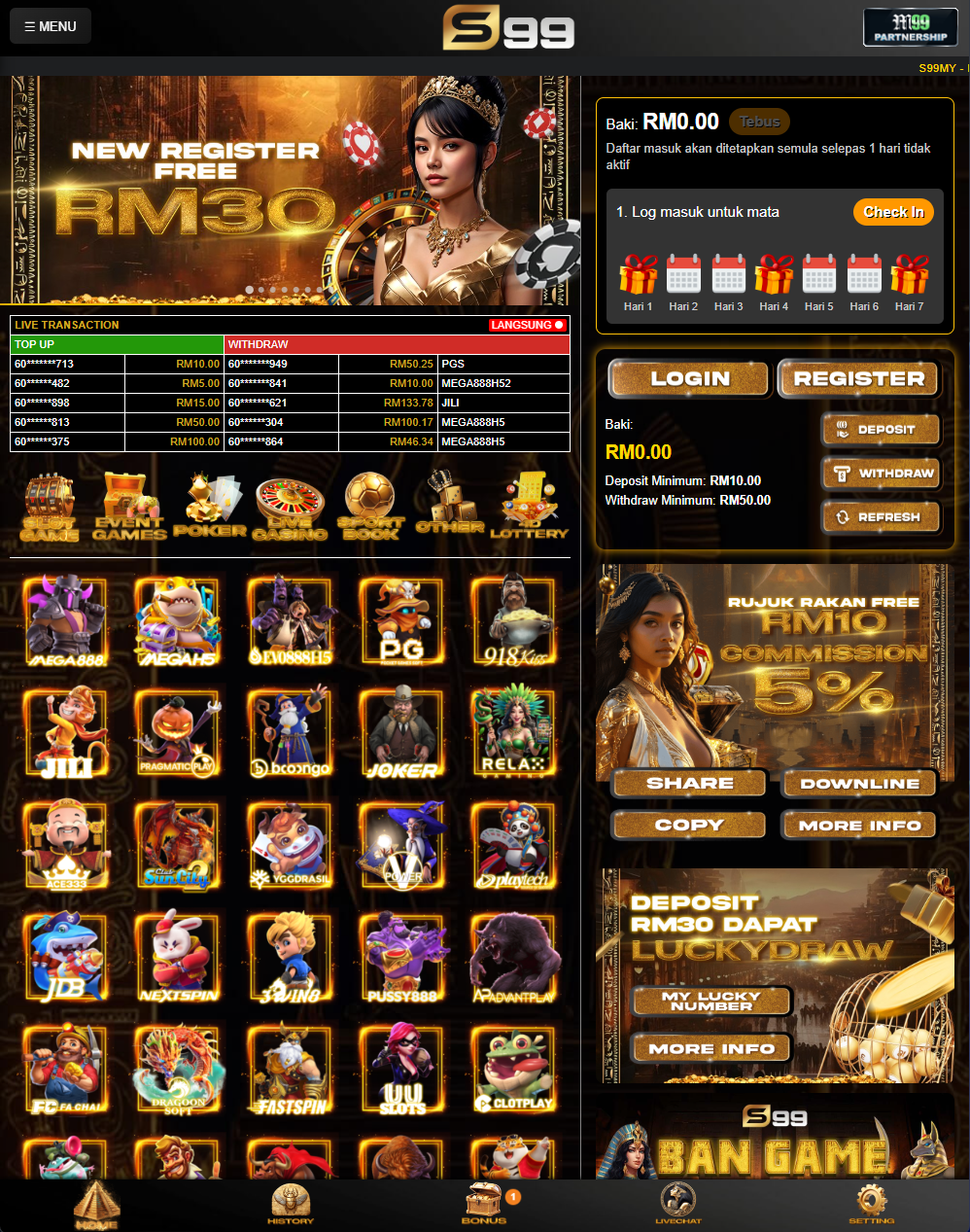 S99 homepage screenshot Malaysia 2026 - lobby, promo entry, wallet, login/register