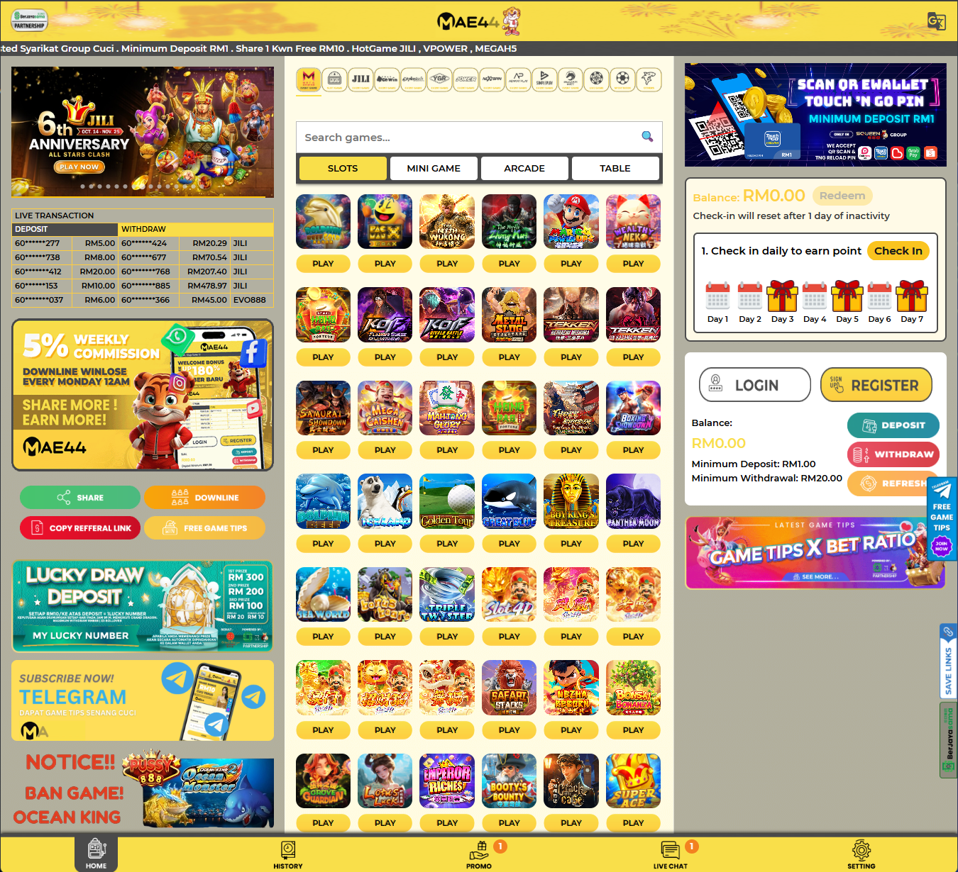 MAE44 homepage screenshot - game lobby grid, login/register panel and promotion entry