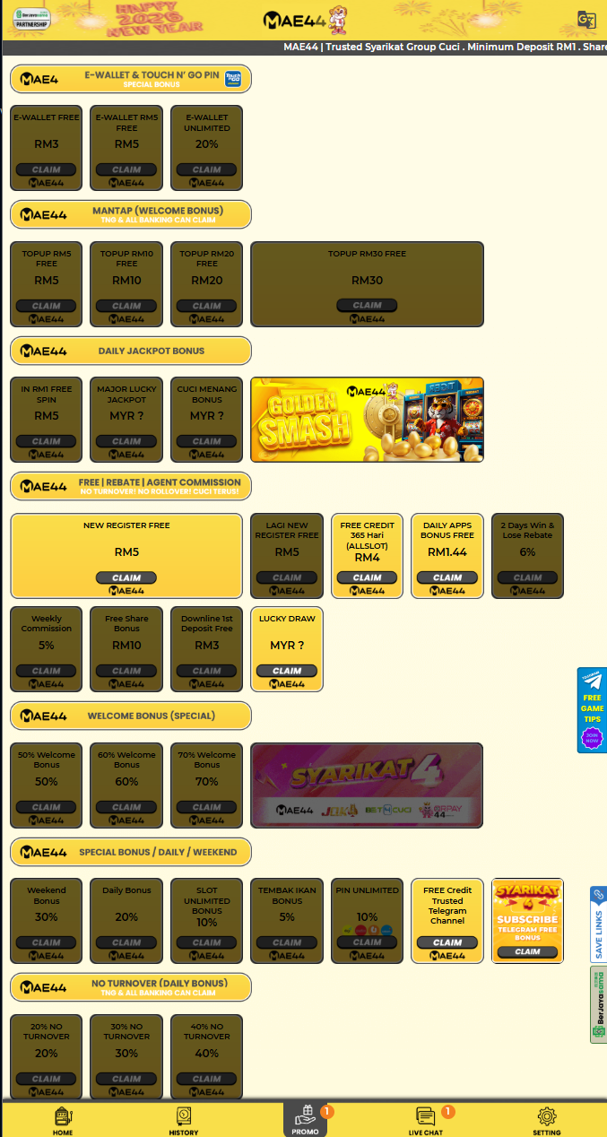 MAE44 promotions screenshot - ewallet RM3 RM5 topup free RM5 RM10 RM20 RM30 daily bonus no turnover check in