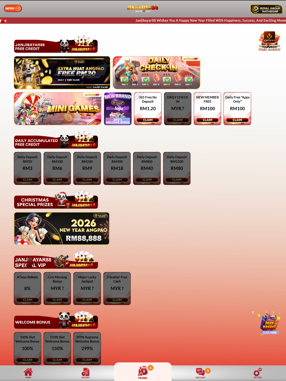 JanjiBayar88 promotion page screenshot Malaysia 2026 - daily check-in, free credit, deposit bonus