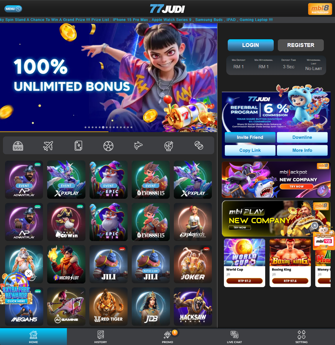 77JUDI homepage screenshot Malaysia 2026 - lobby, login area and main promotion entry