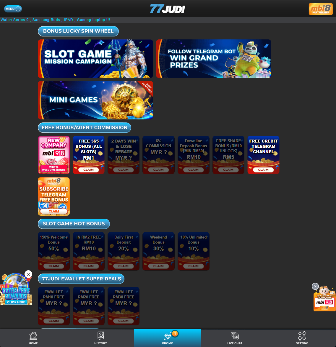77JUDI promotions screenshot Malaysia 2026 - free credit daily, mission campaign, deposit lucky spin and telegram mini games