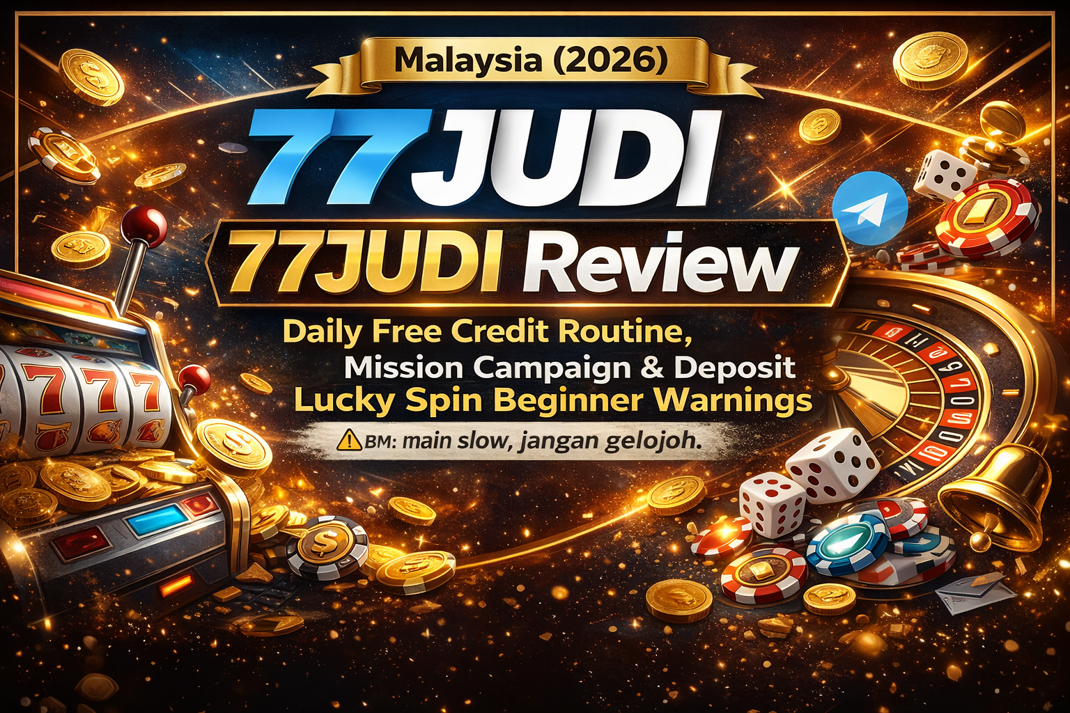 77JUDI review Malaysia 2026 banner - daily free credit routine, mission campaign and deposit lucky spin beginner warnings
