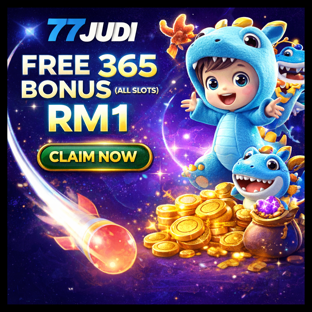 77JUDI free 365 bonus RM1 all slots promotion with claim now button and mascot character