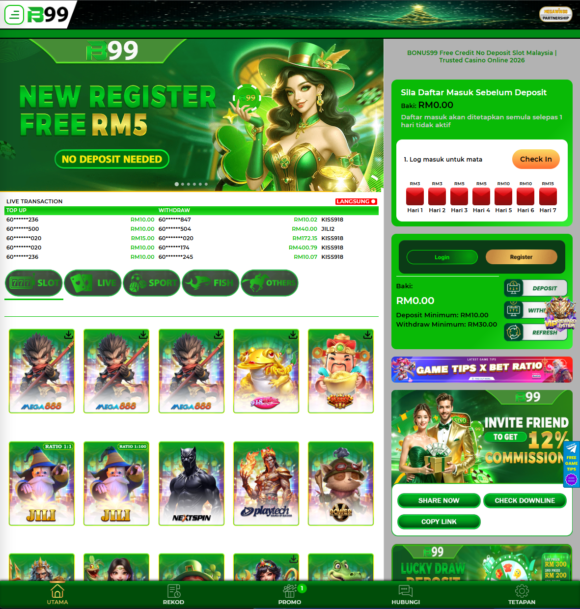 BONUS99 homepage screenshot Malaysia 2026 showing lobby, promotion entry and slot provider layout
