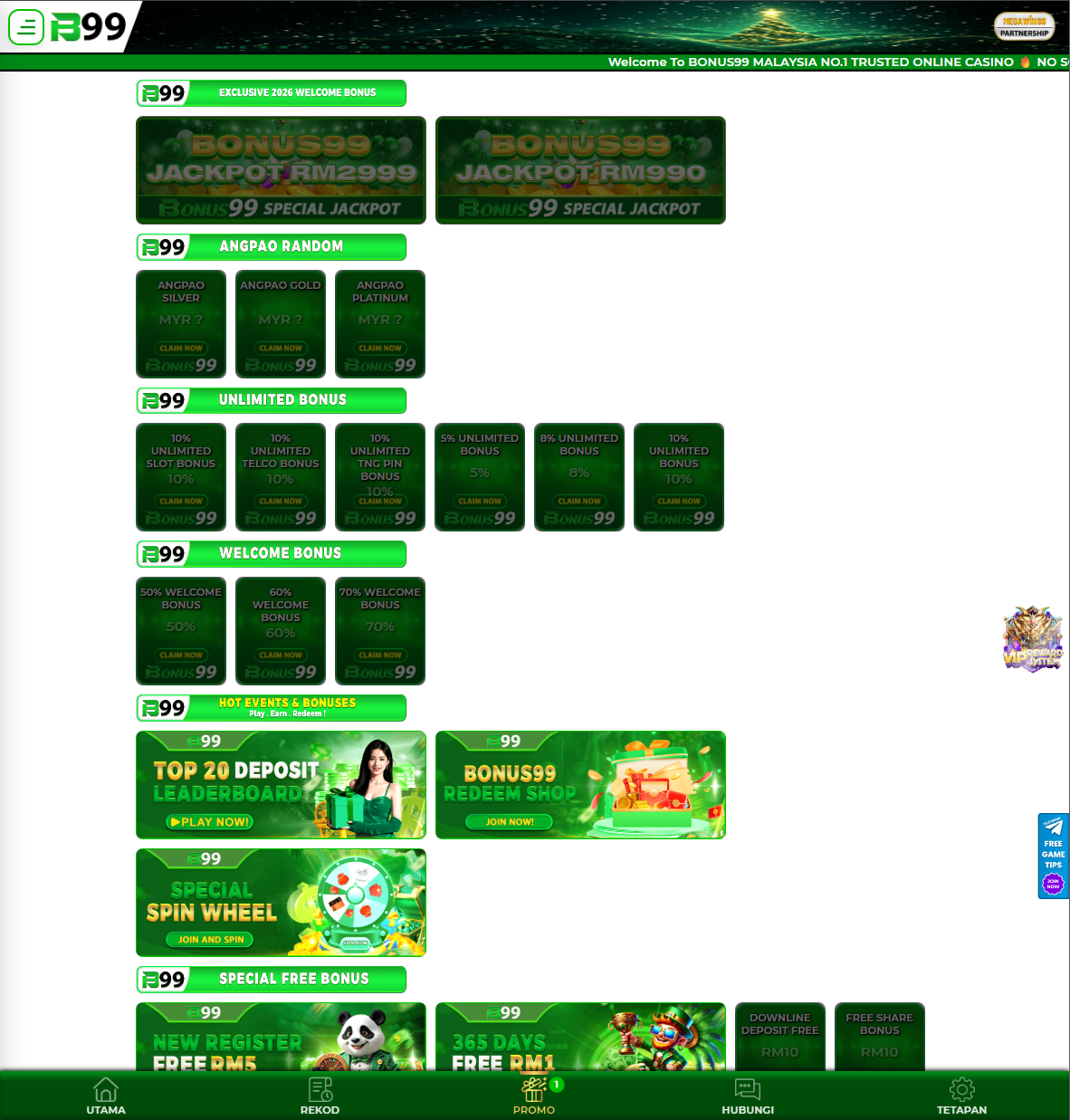 BONUS99 promotions screenshot Malaysia 2026 showing daily check-in unlimited bonus rebate and commission offers