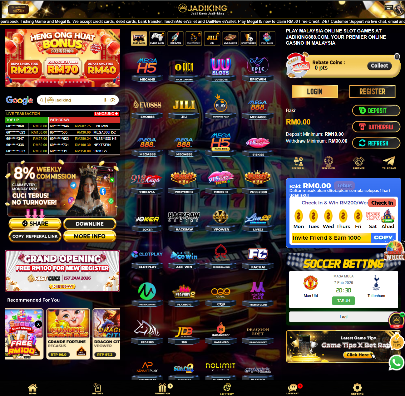 JADIKING homepage Malaysia showing lobby, promotion entry and register section