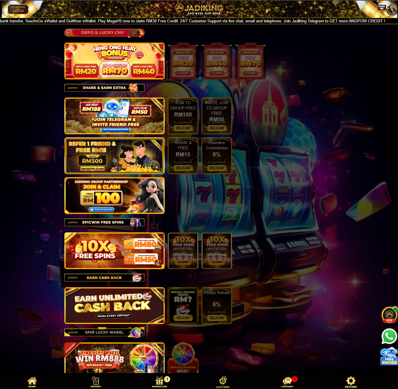 JADIKING promotions page Malaysia showing new register bonus, daily check-in, cashback and VIP rewards