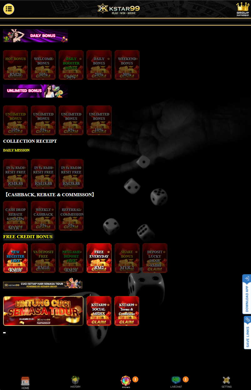 KSTAR99 promotion page Malaysia 2026 showing free credit, daily bonus, welcome bonus and unlimited promotion list