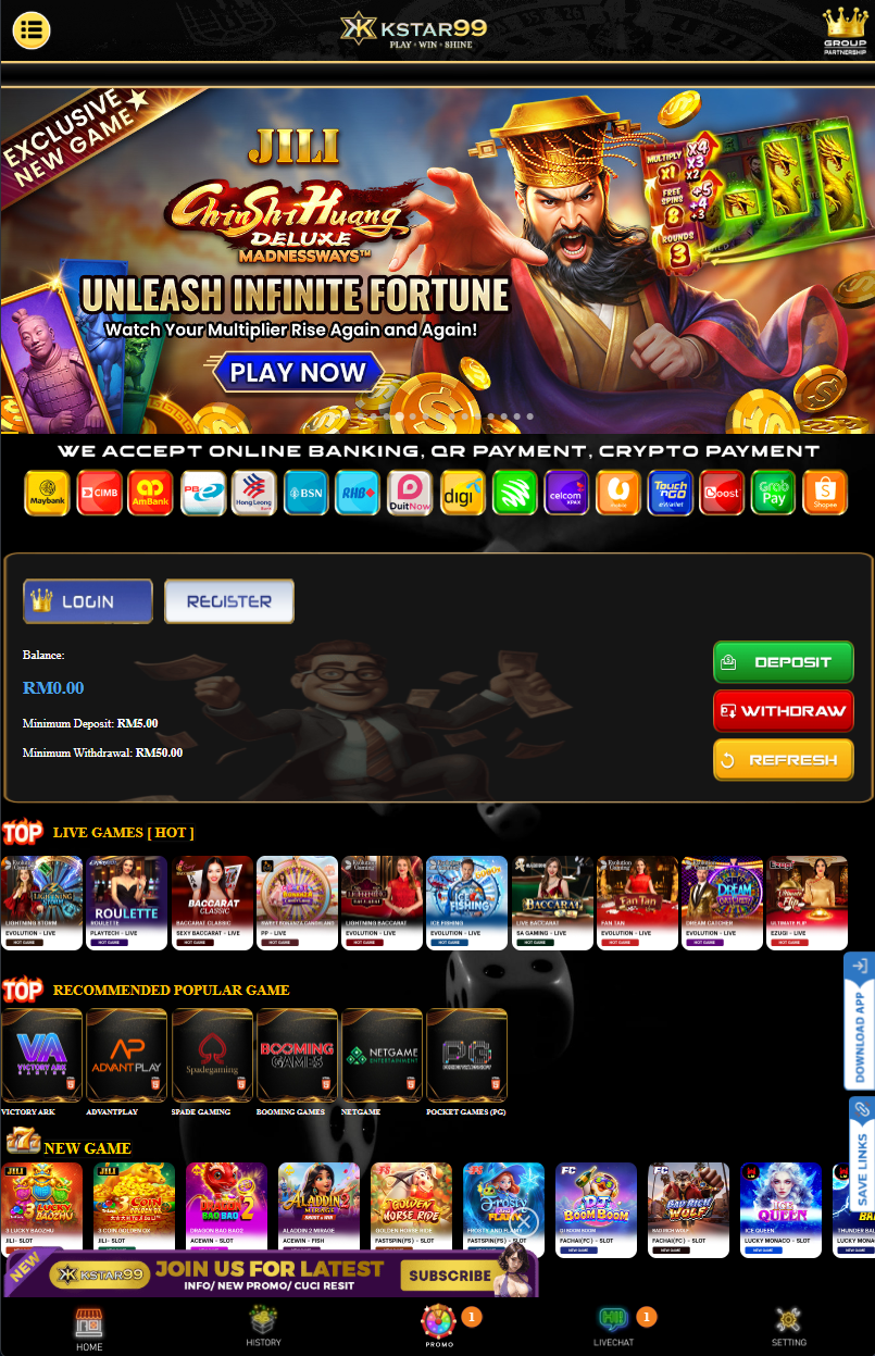 KSTAR99 homepage Malaysia 2026 showing lobby, login section and promotion entry