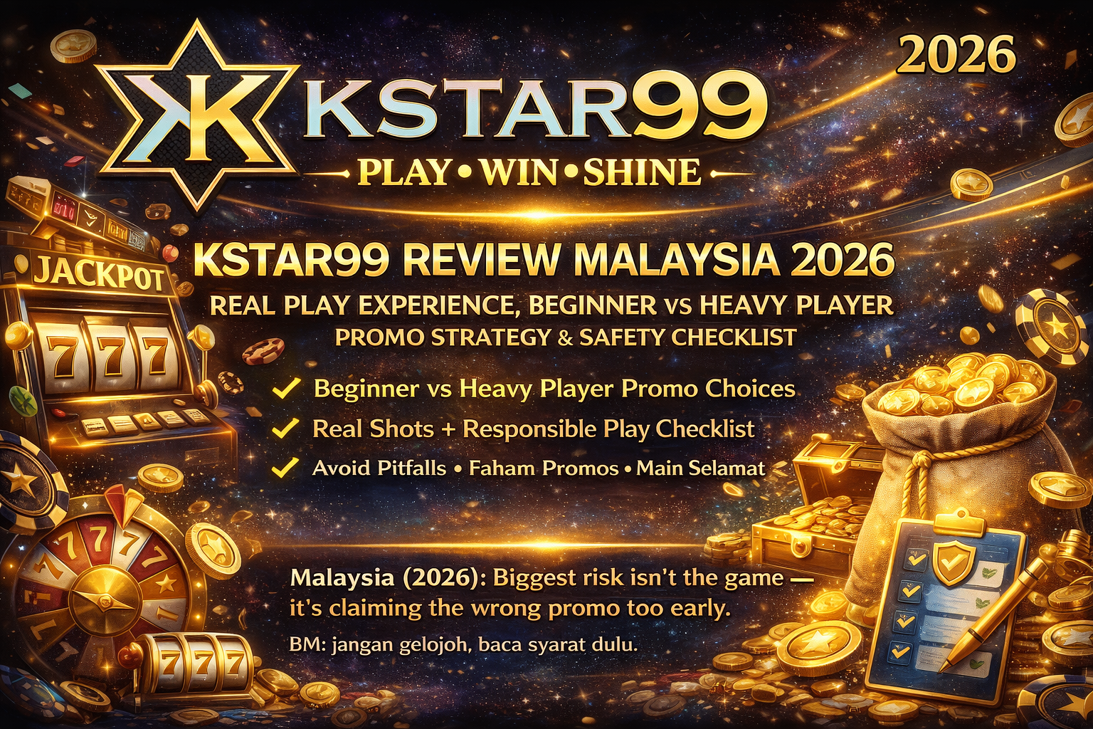 KSTAR99 review Malaysia 2026 banner - real play experience, beginner vs heavy player promo strategy and safety checklist