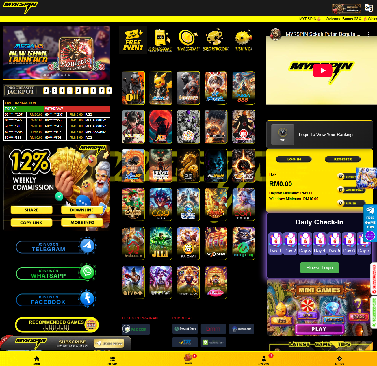 MYRSPIN homepage screenshot Malaysia 2026 - main lobby interface, slot providers and promotion entry