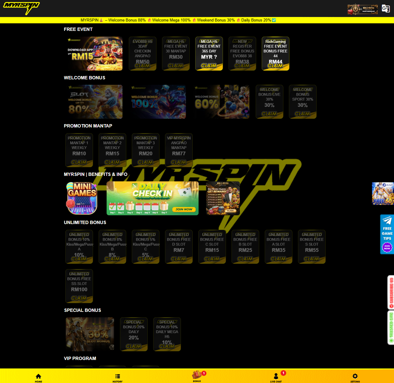 MYRSPIN promotions page screenshot Malaysia 2026 - free event, welcome bonus, unlimited bonus and daily check-in