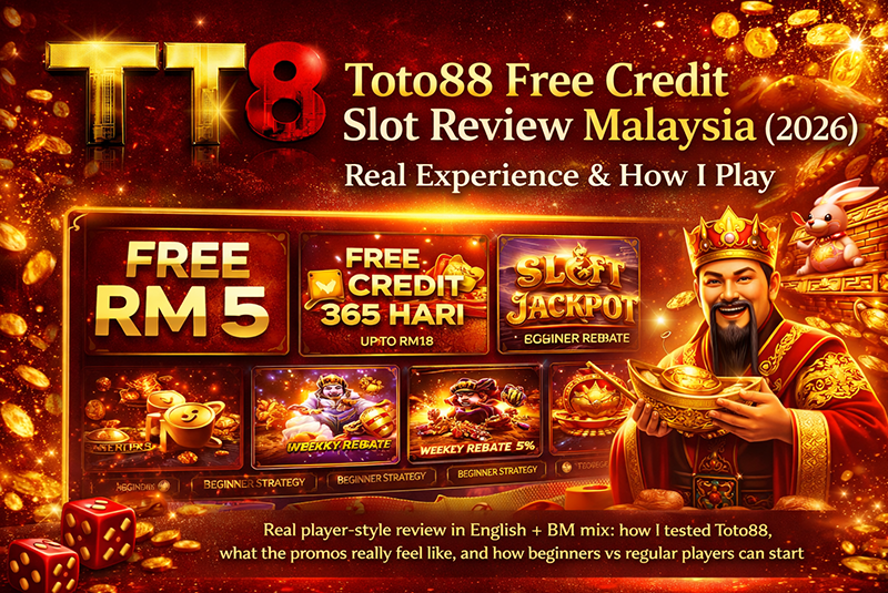 Toto88 free credit slot review Malaysia 2026 banner showing real experience, free RM5, daily free credit, weekly rebate and beginner strategy