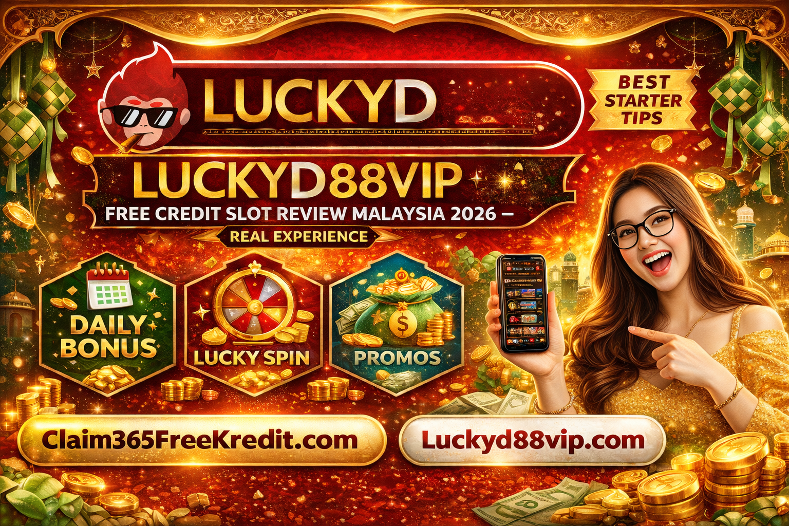 Luckyd88vip free credit slot review Malaysia 2026 banner showing real experience, daily check-in, lucky spin and promotion overview