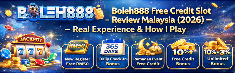 Boleh888 Free Credit Slot Review Malaysia 2026 banner showing real experience, daily check in bonus, new register free RM50 and promotion strategy