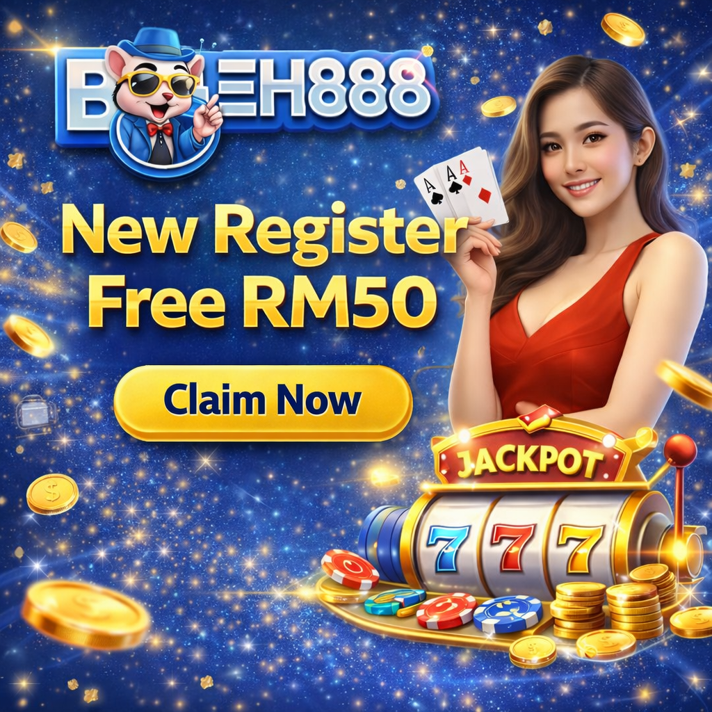 Boleh888 New Register Free RM50 promotion banner Malaysia – casino girl holding cards with slot jackpot and claim now button