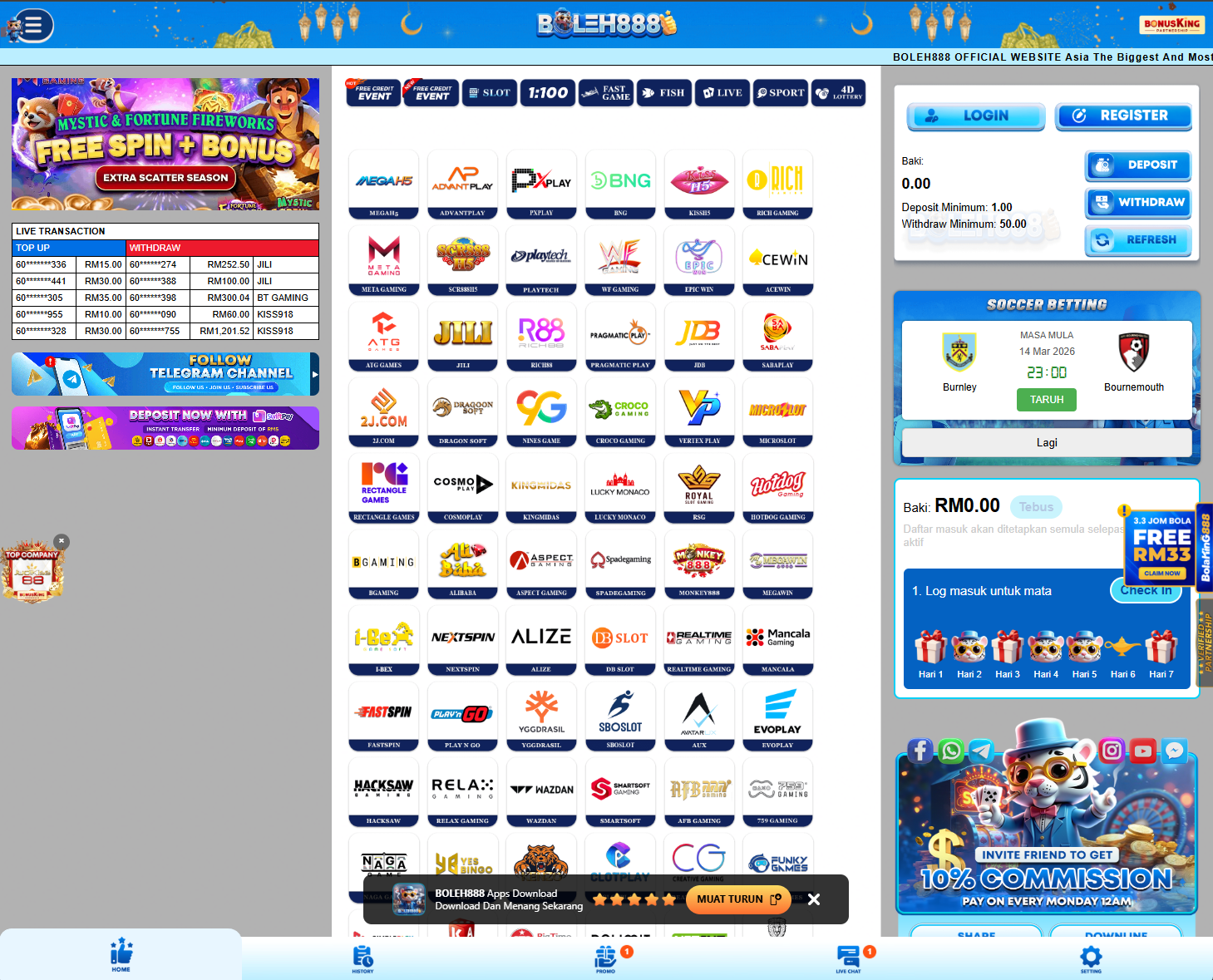 Boleh888 homepage screenshot Malaysia 2026 showing slot provider lobby, deposit withdraw section and daily check in entry