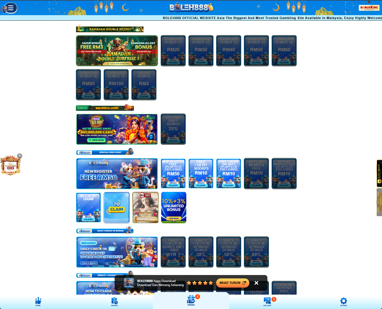 Boleh888 promotion page screenshot Malaysia 2026 showing Ramadan free credit, new register free RM50, daily check in bonus and deposit bonus tiles