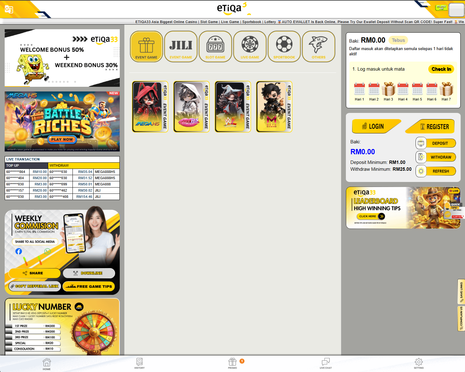 etiqa33 homepage screenshot Malaysia 2026 showing main lobby, navigation layout, register area and game access