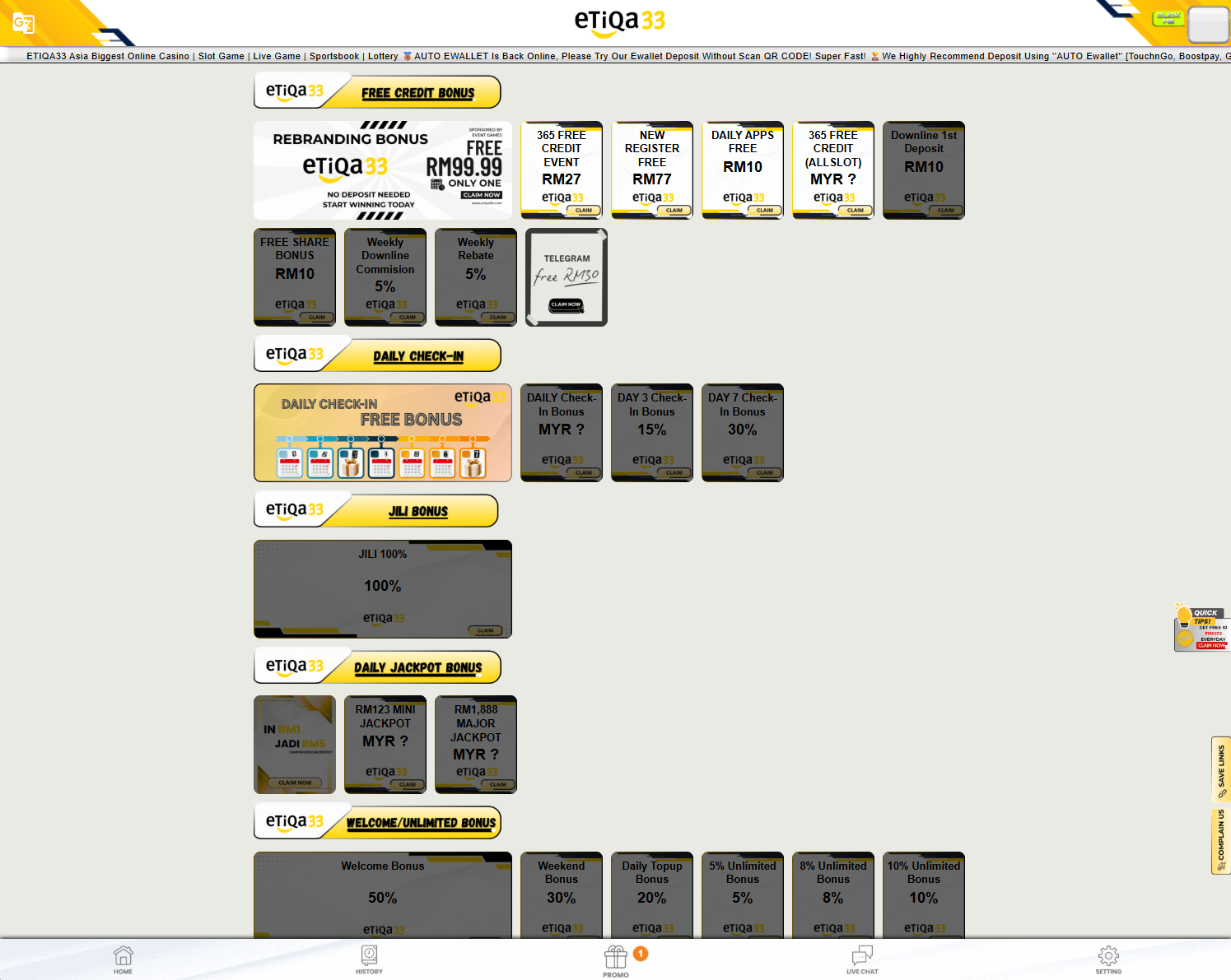 etiqa33 promotion screenshot Malaysia 2026 showing new register free, daily bonus, 365 free credit, no turnover and VIP rewards