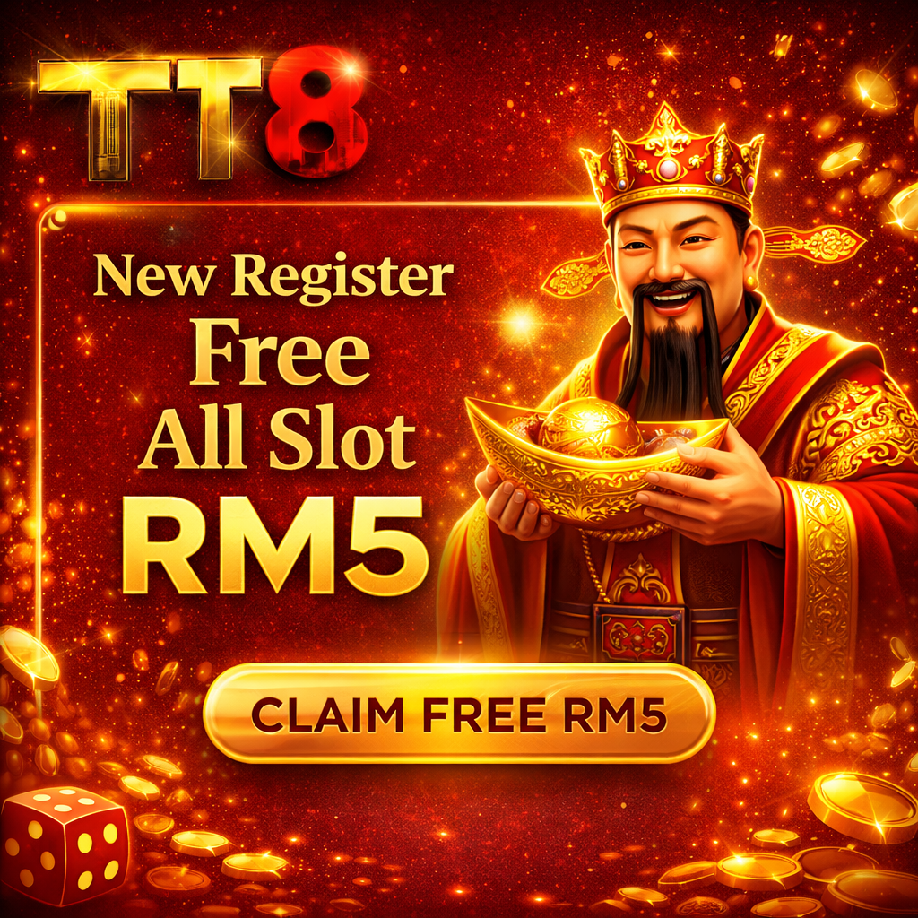 Toto88 new register free all slot RM5 promotion Malaysia 2026 banner with TT8 logo, 财神 character and claim free RM5 CTA button for free credit slot beginners