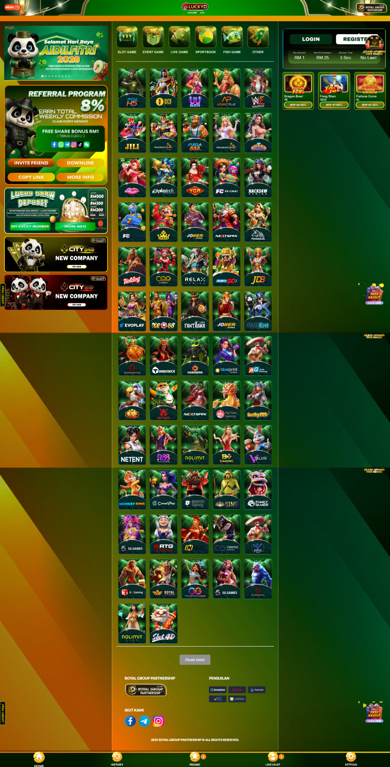 Luckyd88vip homepage screenshot Malaysia 2026 showing homepage layout, promotion access, slot lobby and main navigation