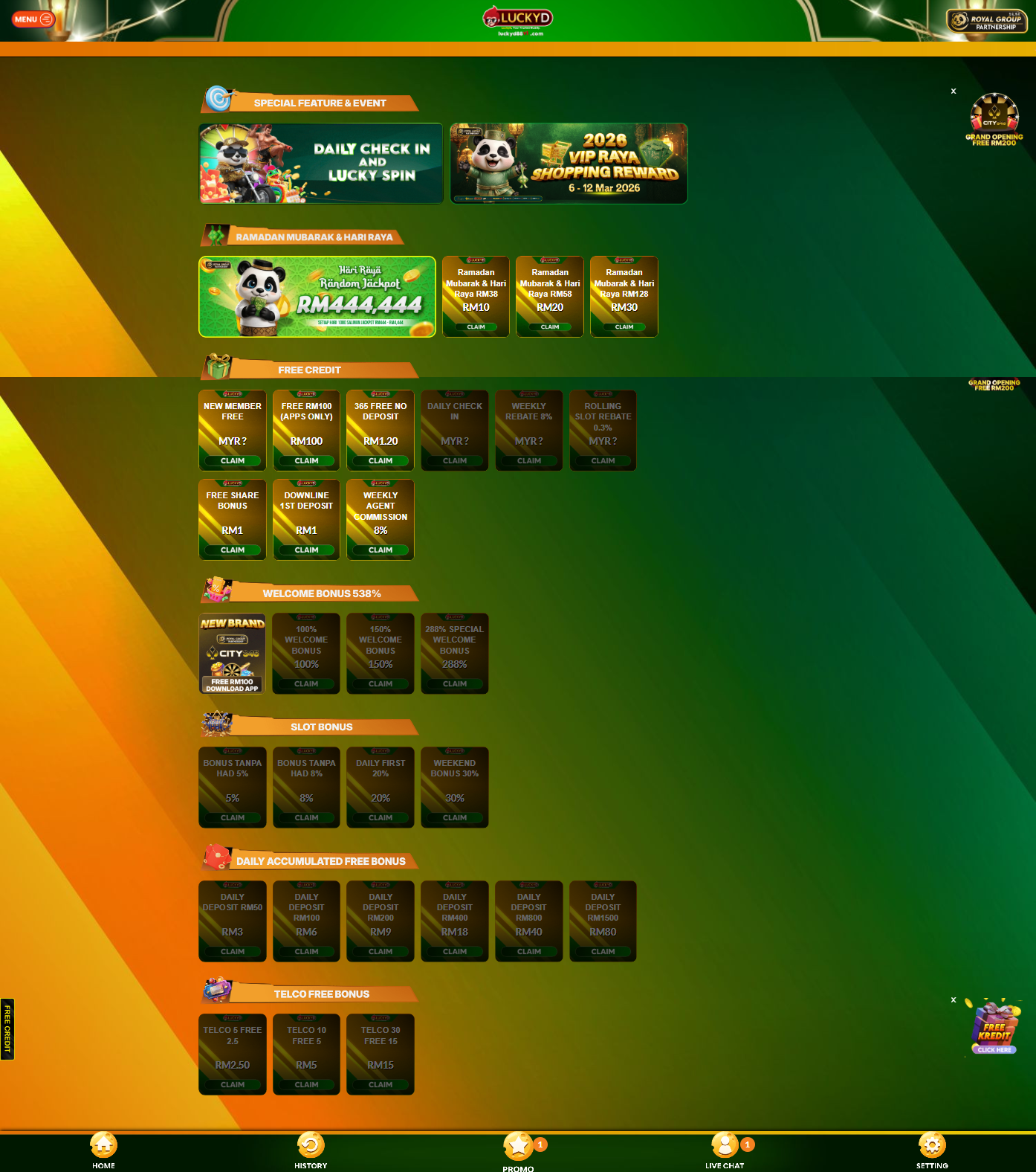 Luckyd88vip promotion page screenshot Malaysia 2026 showing free credit, new member free, daily check-in, lucky spin, welcome bonus and slot bonus categories