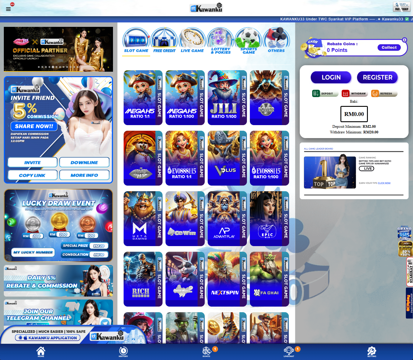 Kawanku33 homepage screenshot Malaysia 2026 showing blue and white platform design, slot provider lobby, login register area and main game categories