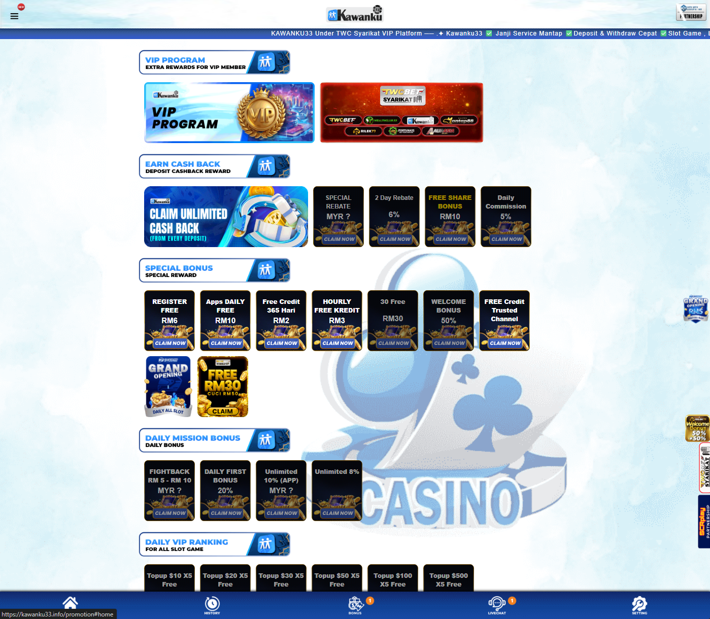 Kawanku33 promotion page screenshot Malaysia 2026 showing register free RM6, apps daily free RM10, hourly free RM3, free credit 365 hari RM2 and cashback promotions