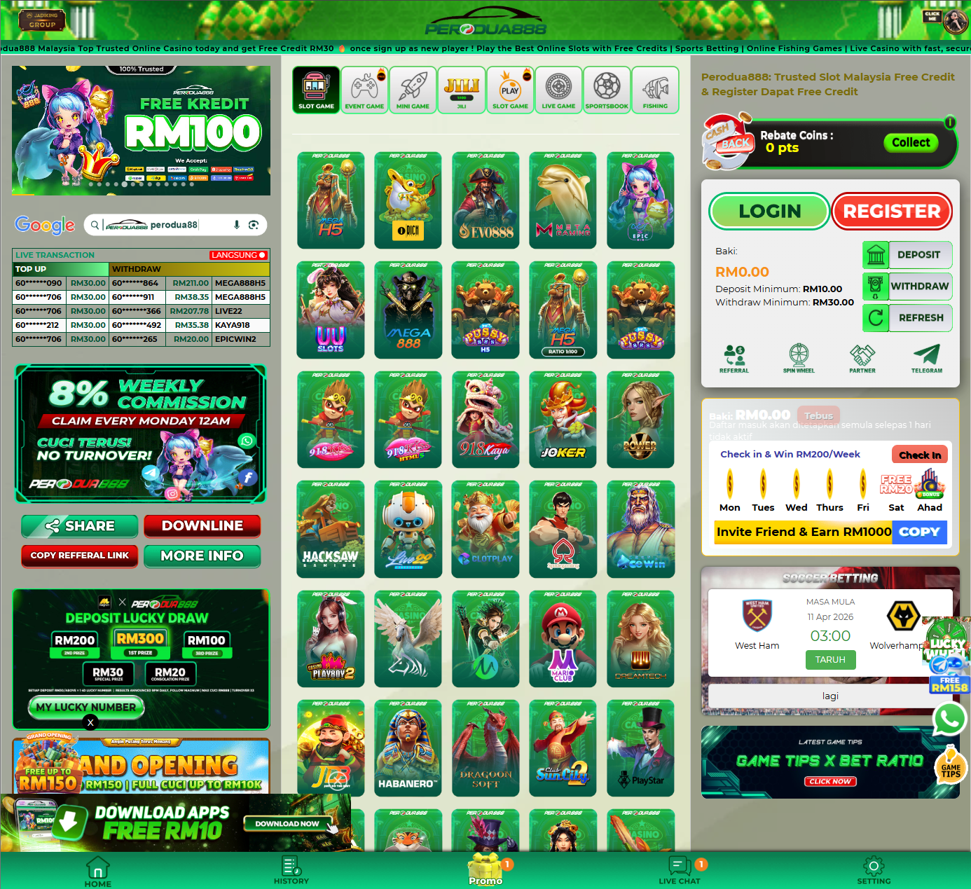 Perodua888 homepage screenshot Malaysia 2026 showing main lobby, slot categories, register login area and promotion entry