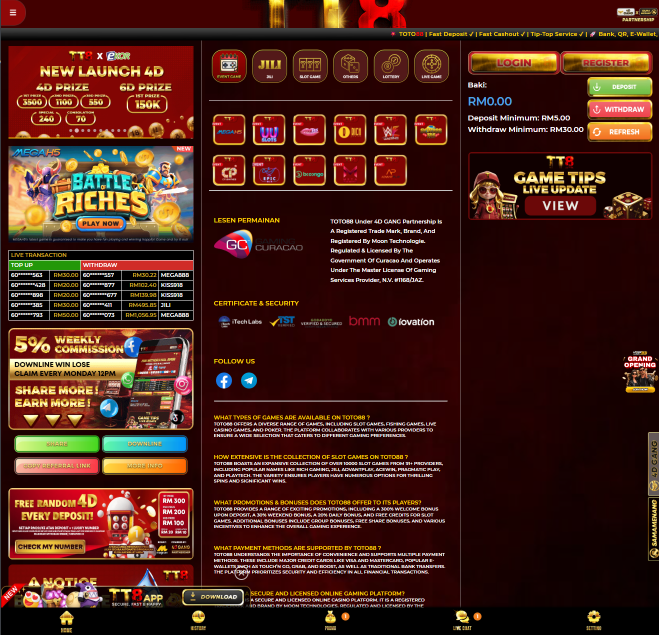 Toto88 homepage screenshot Malaysia 2026 showing main lobby, deposit withdraw buttons, slot categories and general platform layout