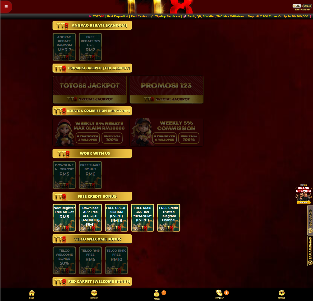 Toto88 promotion screenshot Malaysia 2026 showing new register free RM5, free credit 365 hari, weekly rebate, angpao bonus and jackpot style offers