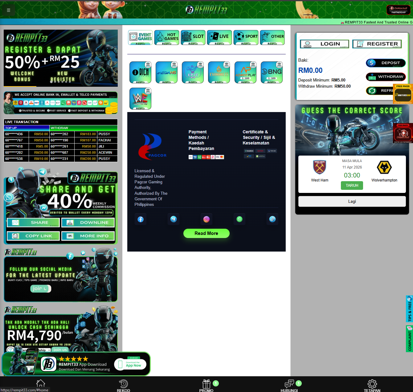 Rempit33 homepage screenshot Malaysia 2026