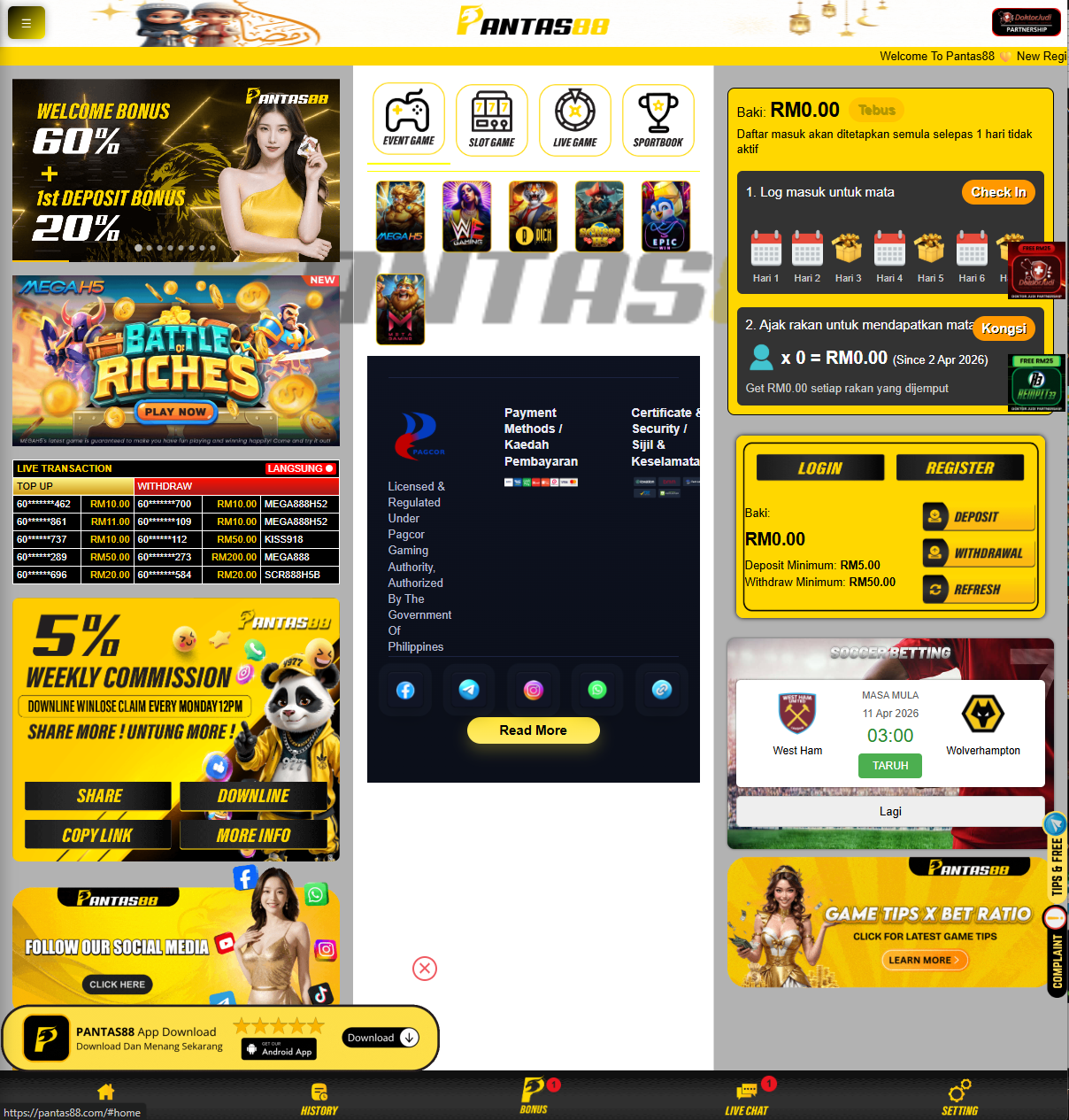 Pantas88 homepage screenshot Malaysia 2026
